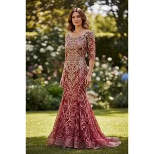 Ivonne D Exclusively for Mon Cheri Lace Applique Beaded Trumpet Gown – Size 6